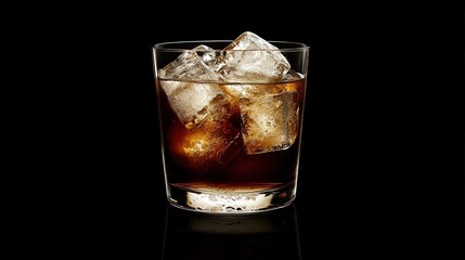 A glass with ice cubes and dark brown liquid refreshment