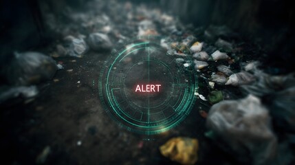 Drone scan interface detecting overflowing trash with holographic alert
