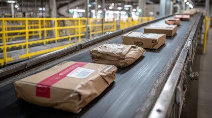 parcel boxes on conveyor belt at parcel industrial warehouse 