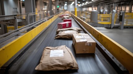 parcel boxes on conveyor belt at parcel industrial warehouse	
