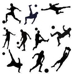 Dynamic silhouettes of soccer players performing various moves—goals, tackles, headers, and kicks. Great for sports ads, game promotions, training visuals, and fan merchandise.  © saad