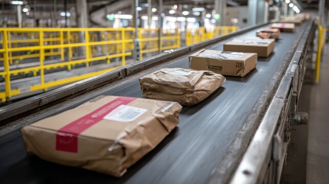 parcel boxes on conveyor belt at parcel industrial warehouse