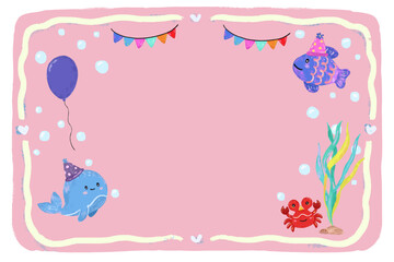 cute blank empty hand drawn pink colorful sea ocean animals theme kids birthday party greeting card notes name label memo doodle bunting flag garland crayon watercolor kids illustration design png