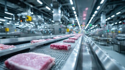 modern high technology biotechnology meat on convey belt