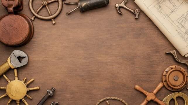 Nautical tools, ship wheels, and blueprints arranged on a wooden table, evoking maritime engineering and navigation.