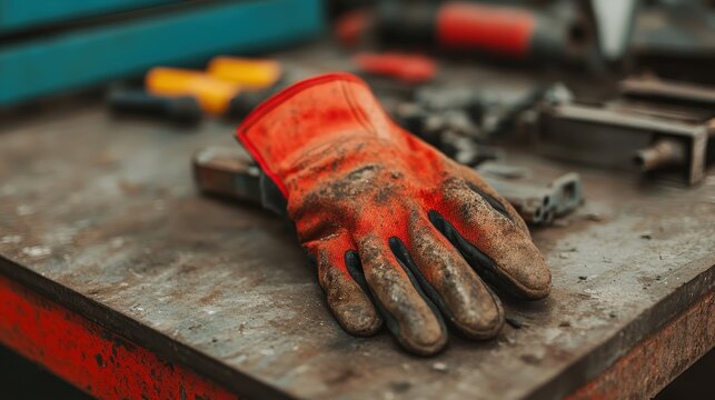 A dirty work glove rests on a cluttered workbench surrounded by various tools in a workshop.