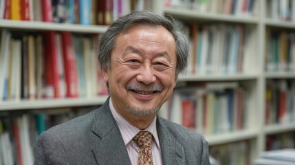 senior old man Chinese Education professor smiling at library