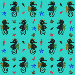 Seamless watercolor pattern with seahorses on a turquoise background. Background with ocean-friendly animals. Modern textile print with hand-painted seaweed, starfish and seahorse