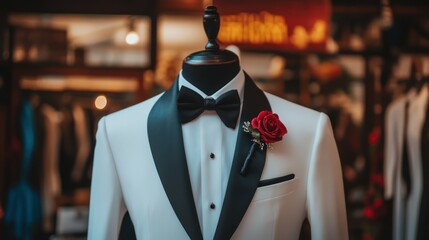 White tuxedo, black bow tie, red rose boutonniere