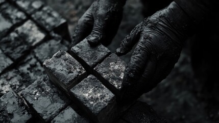 Dark, sooty hands arranging blocks