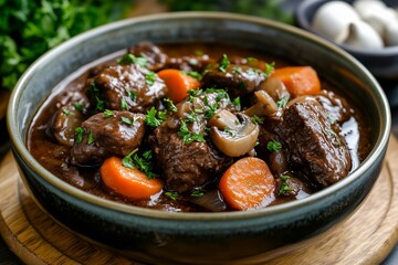 Slow-cooked boeuf bourguignon with tender beef, carrots, and mushrooms in rich pinot noir sauce garnished with fresh parsley