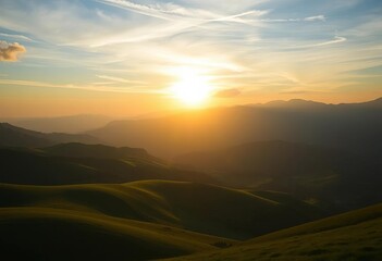 Obraz premium Serene sunset over rolling green hills and majestic mountains, warm sunlight silhouettes landscape, landscape, vector