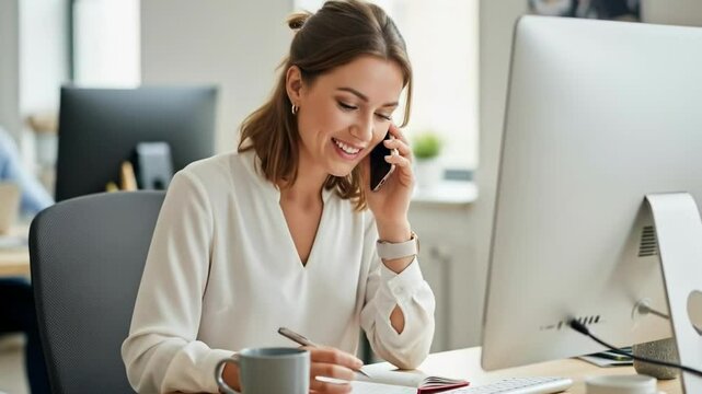 A smiling businesswoman sits at her desk, talking on the phone and taking notes