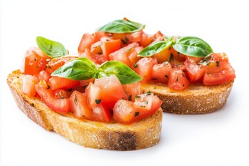 Bruschetta al pomodoro with diced tomatoes, fresh basil, and olive oil served on toasted bread for a delicious appetizer experience