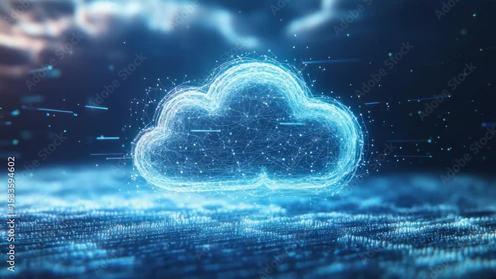 Poster cloud computing visualization: a luminous, futuristic cloud of interconnected digital points illumin