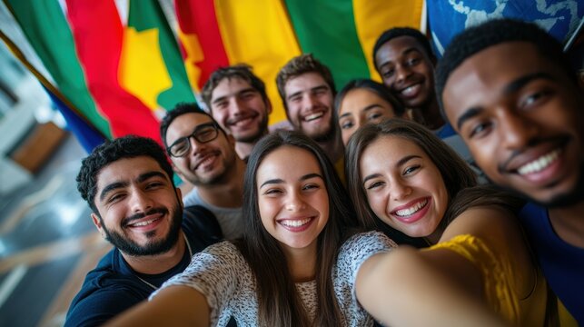 Diverse Group of Happy Students Taking a Selfie with Flags of the World in Background  International Students Smiling Together