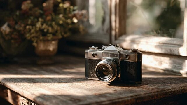 Vintage film camera on a wooden surface with warm light, evoking nostalgia and classic photography