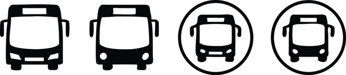 Bus black flat icon set. Public transport symbol. Vector