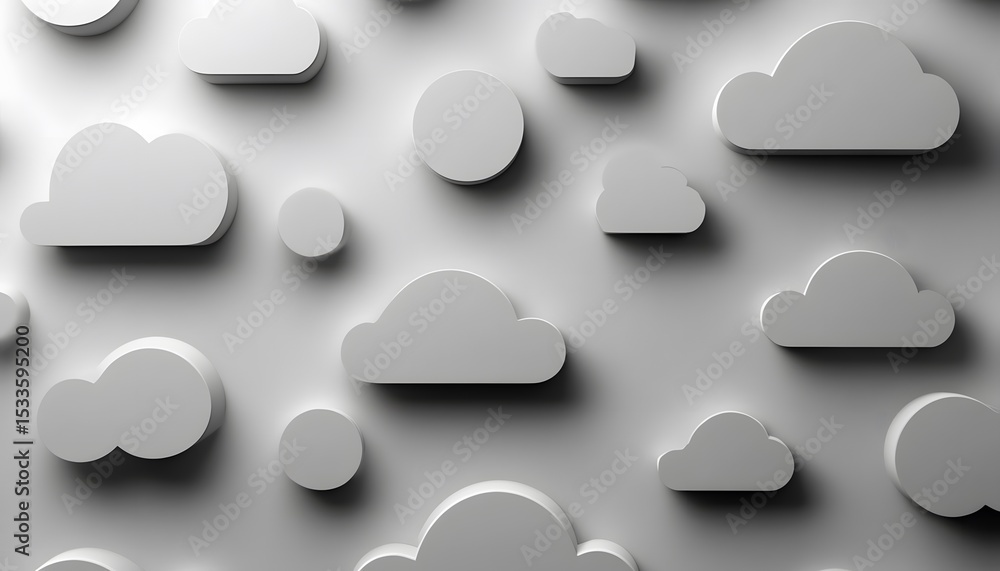 Poster abstract pattern of three-dimensional cloud shapes on a light gray background.