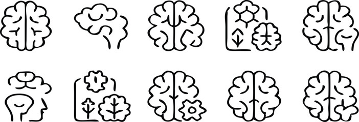 Brain different line icons set. Mind, intelligence symbol. Vector