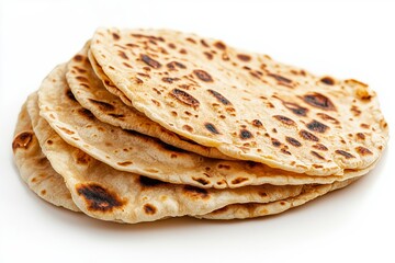 Fototapeta premium Soft chapati flatbreads stacked on a white background showcasing traditional Indian cuisine and homemade baking techniques for a nourishing meal