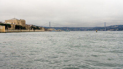 Obraz premium Panoramic view of the Bosphorus Bridge and the Bosphorus Strait in the rainy day