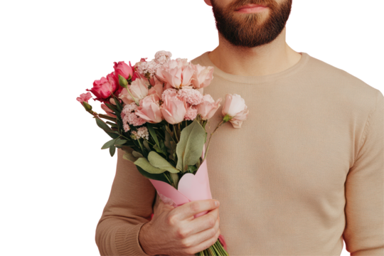 Man holding a colorful bouquet of valentines flowers against a pink background in an indoor setting during a festive occasion