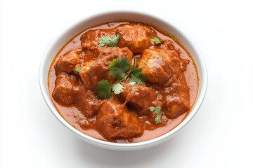 Chicken tikka masala served in a bowl garnished with fresh cilantro on a white background, a popular British-Indian dish enjoyed in various cuisines around the world