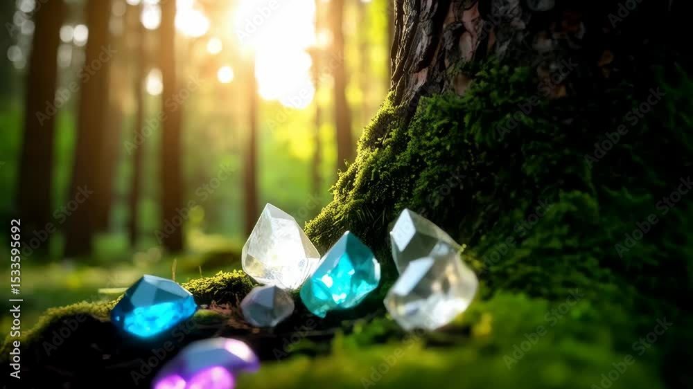 Poster colorful gems sparkling on mossy tree roots in a sunlit forest with soft bokeh in background for con