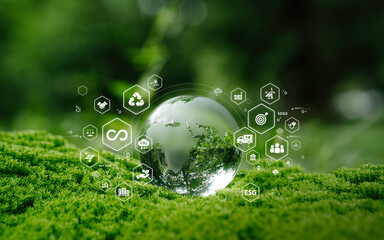 Crystal globe glass on green in forest with icon of Sustainable Development, green business,...