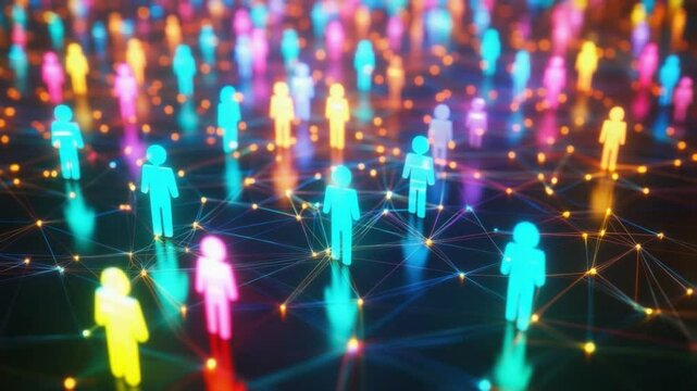 Digital Connections: A vibrant visual representation of human interconnectedness, with tiny figures linked by luminous pathways, symbolizing communication and the power of community.