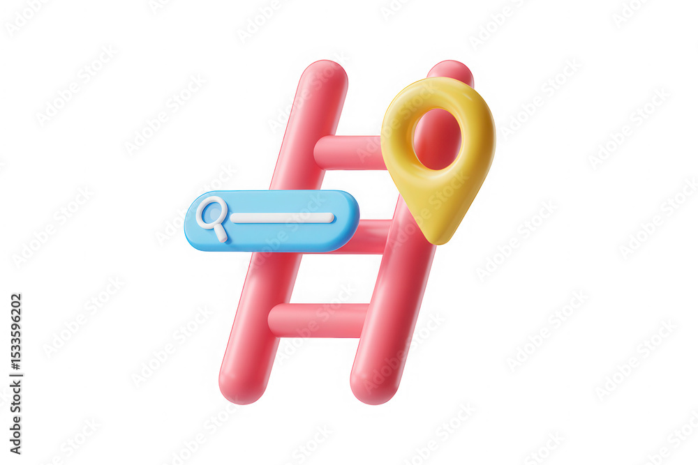 Poster 3d render of ladder to success with search bar and location pin
