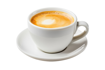 Warm cup of hot coffee with milk cream served on a white saucer, creating a comforting beverage experience for any time of day