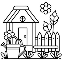 Flat vector illustration of a cozy home garden with raised beds, watering can, and blooming flowers in springtime, isolated on white background