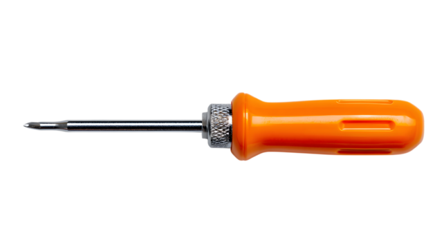Close up studio shot of a bright orange screwdriver on a black background illustrating repair and diy concepts highlighting tools and equipment for construction projects
