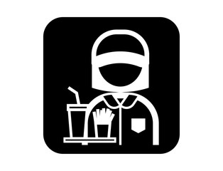 ポテトとジュースを持つファーストフード店員のシンプルな四角いモノクロ白抜きイラストアイコン