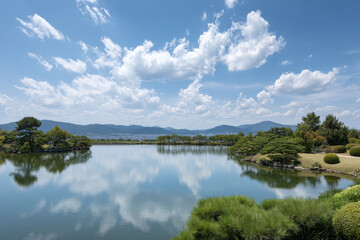 breathtaking view of osaka mountain towering over serene tranquil lake surrounded by lush greenery