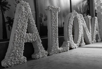 High resolution image in black and white of the name ALONA spelled with large letters covered with...
