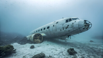 Obraz premium Underwater airplane wreck in ocean depths
