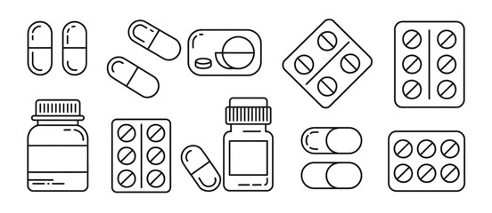 Medical Pill Bottle and Capsule Icons Line Art Illustration