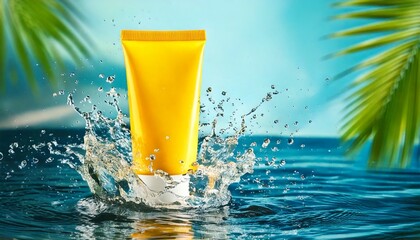 Yellow Skincare Tube in Water Splash, Tropical Summer Setting