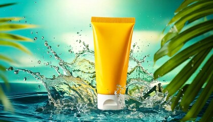 Yellow Skincare Tube in Water Splash, Tropical Summer Setting