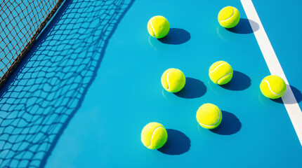 Tennis Balls on Blue Court with Net Shadow