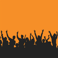 Obraz premium Silhouette of a cheering crowd on an orange background with copy space.