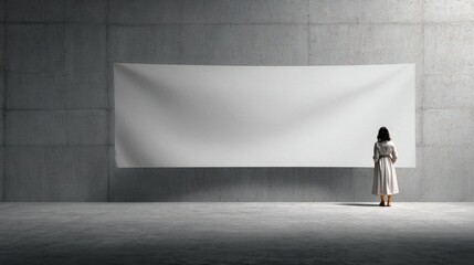 Fototapeta premium Woman Contemplates Blank Banner in Minimalist Concrete Space
