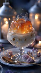 dreamy garnish Panna Cotta with orange jelly serve in glass with sugar butterfly