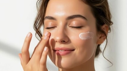 A young woman applies face cream, enjoying a skincare routine for healthy glowing skin
