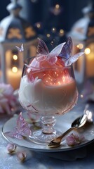 dreamy garnish Panna Cotta with peach jelly serve in glass with sugar butterfly