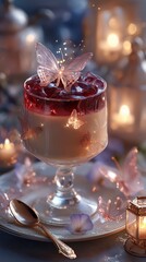 dreamy garnish Panna Cotta with strawberry jelly serve in glass with sugar butterfly