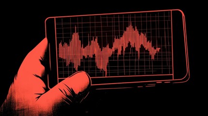 A smartphone showing a red wave pattern is in a hand